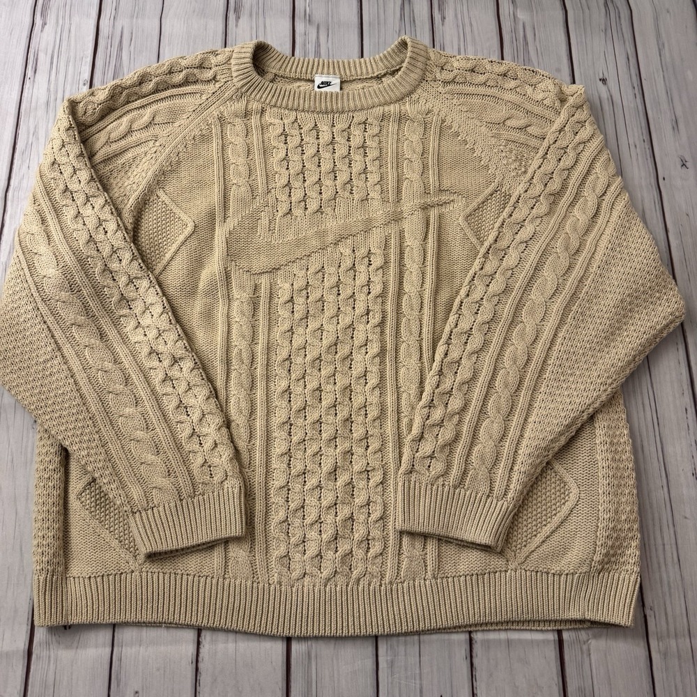 Nike Sweater Men's XXL‎ Sportswear Life Cable Knit Rattan Cream Wool Swoosh Logo